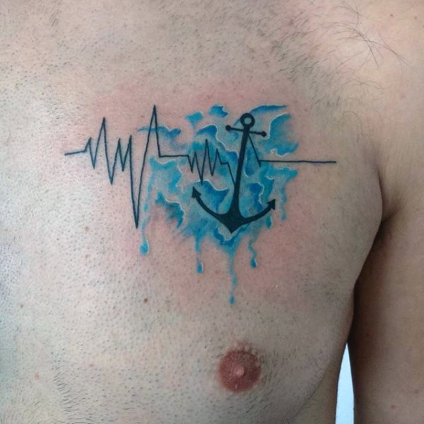 胸部简单的黑色心电图船锚与蓝色浪花纹身图案