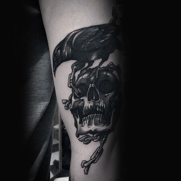 手臂3D风格骷髅与乌鸦黑色纹身图案