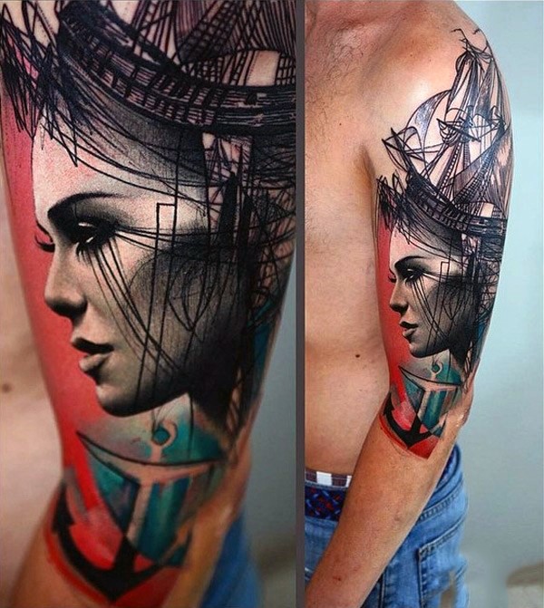 手臂令人难以置信女性肖像与船舶和帆船纹身图案