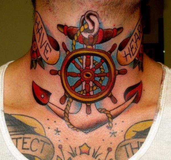颈部船锚和船舵彩色纹身图案