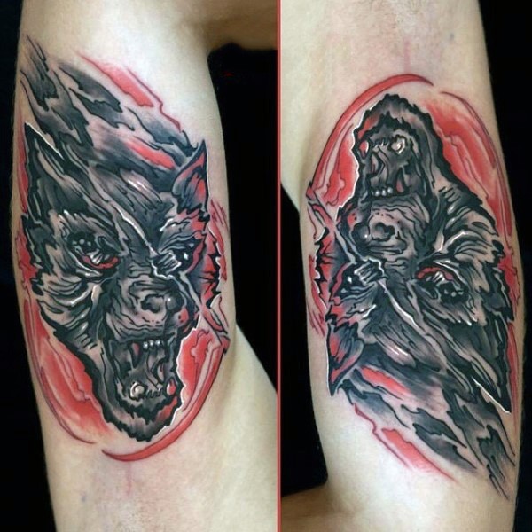 手臂彩色凶恶的狼头纹身图案
