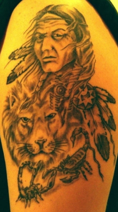 蝎子狮子与美国土著女性手臂纹身图案