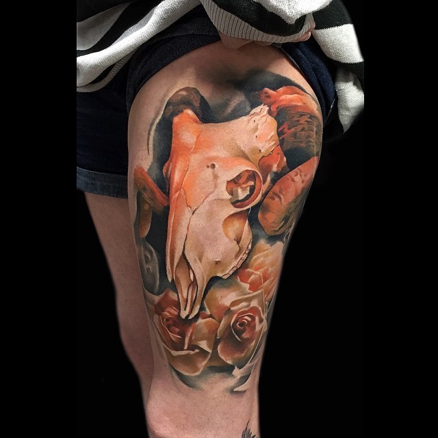 大腿3D彩色的动物头骨和玫瑰纹身图案