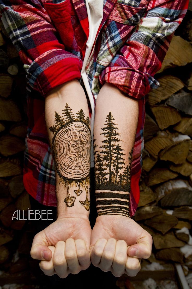 手臂惊人的森林和大树年轮黑色纹身图案