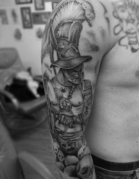 手臂3d黑色古怪的角斗士战士纹身图案