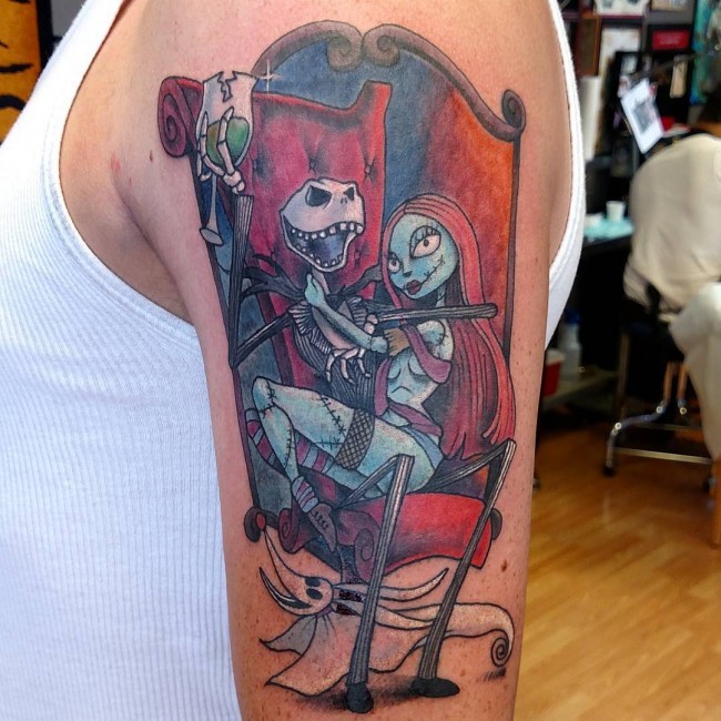 漂亮的彩色卡通僵尸夫妇手臂纹身图案