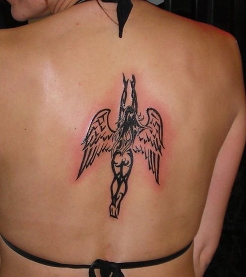 黑色线条女孩天使背部纹身图案