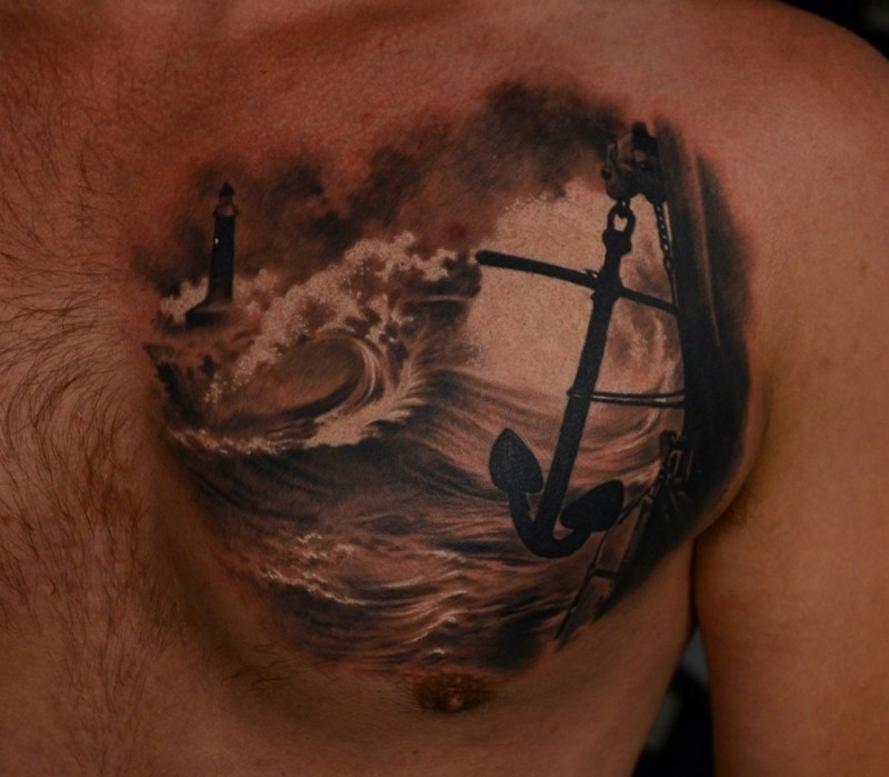 胸部船锚和逼真的海浪纹身图案