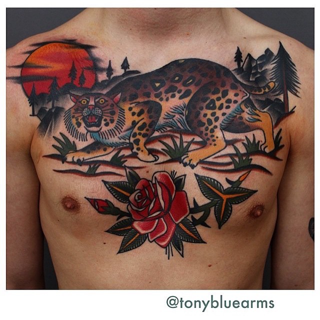 old school彩色的豹子和花朵风景胸部纹身图案