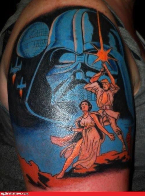 达斯维德和星球大战场景彩色手臂纹身图案