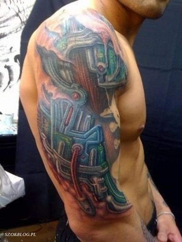 男性手臂彩色有线机械纹身图案