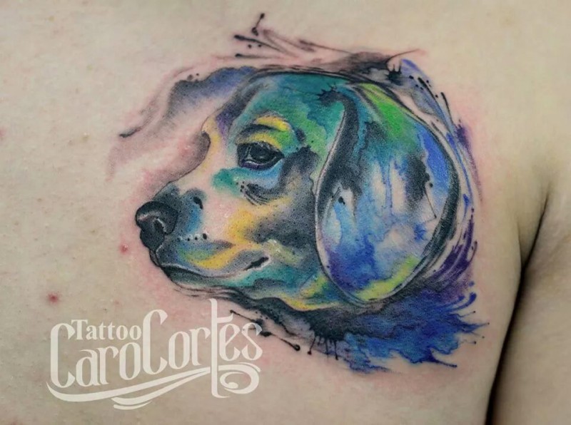 神奇的狗头像彩色水彩风格纹身图案