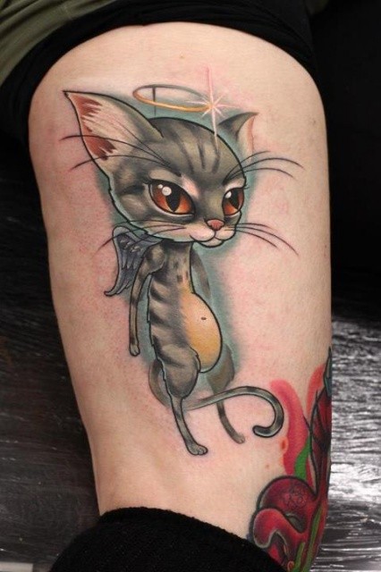 彩色的猫天使纹身图案