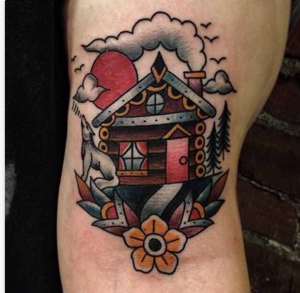 old school彩色房子与鲜花和狼手臂纹身图案
