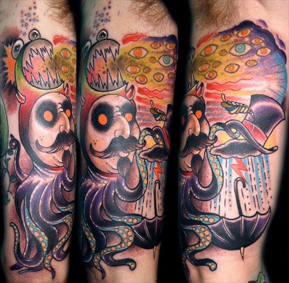 卡通风格的彩色邪恶章鱼奇怪手臂纹身图案