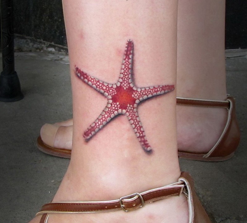 3D优雅的红色逼真海星脚踝纹身图案