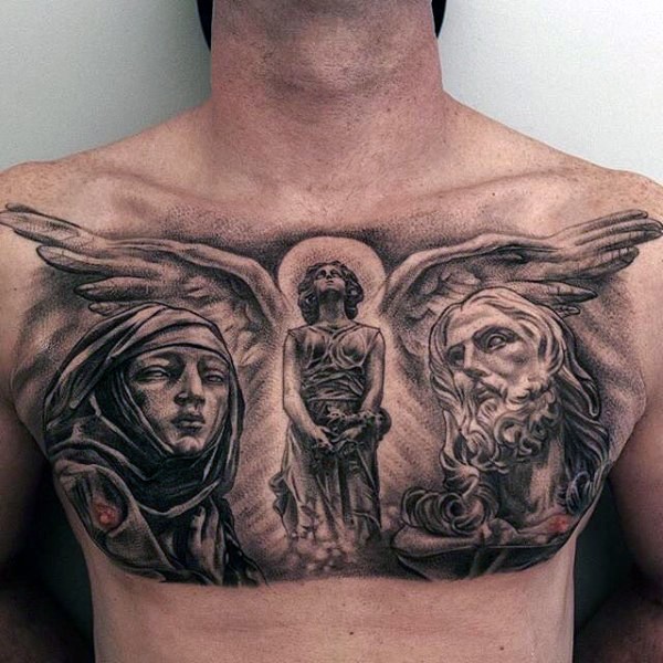 胸部宗教风格的天使和老人纹身图案
