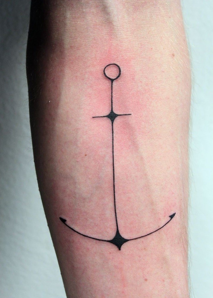 传统简单的黑色线条船锚手臂纹身图案