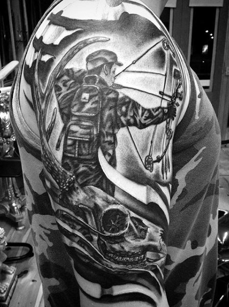 手臂猎人弓箭和骷髅黑灰纹身图案