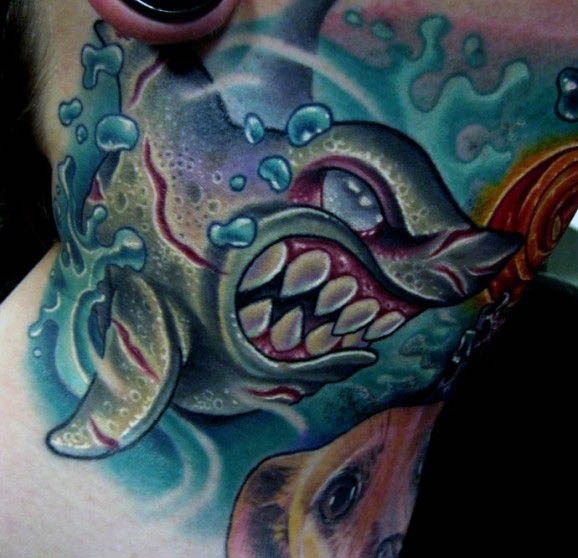 新传统彩色的邪恶异形鲨鱼纹身图案