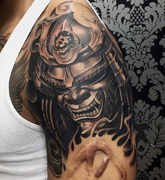 大臂3D风格彩色的邪恶武士纹身图案