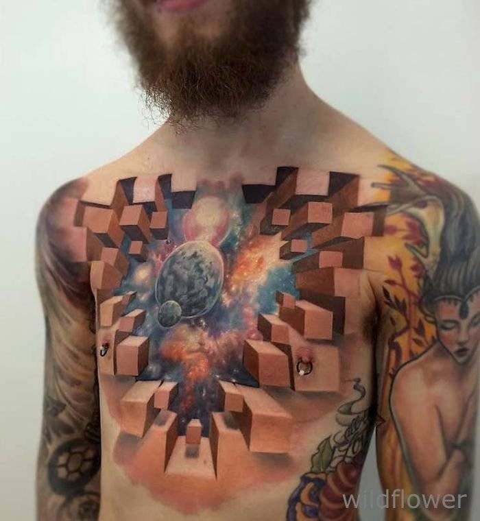 胸部惊人的3D彩色几何和太空行星纹身图案