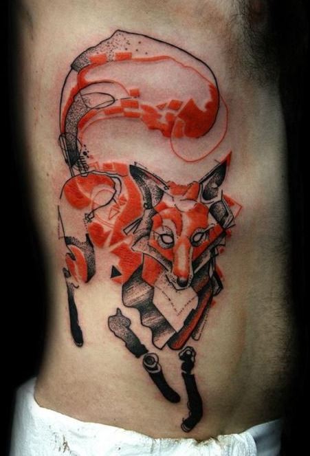 侧肋新风格的红色狐狸纹身图案