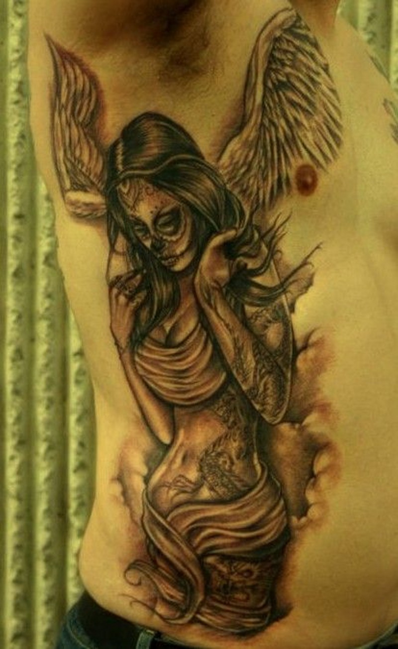 侧肋墨西哥风格的女性天使纹身图案