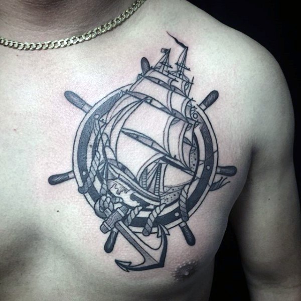 胸部航海风格灰色帆船与船锚船舵纹身图案