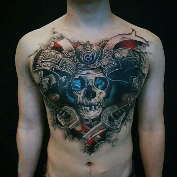 胸部很酷的彩色3D武士骷髅和交叉剑纹身图案