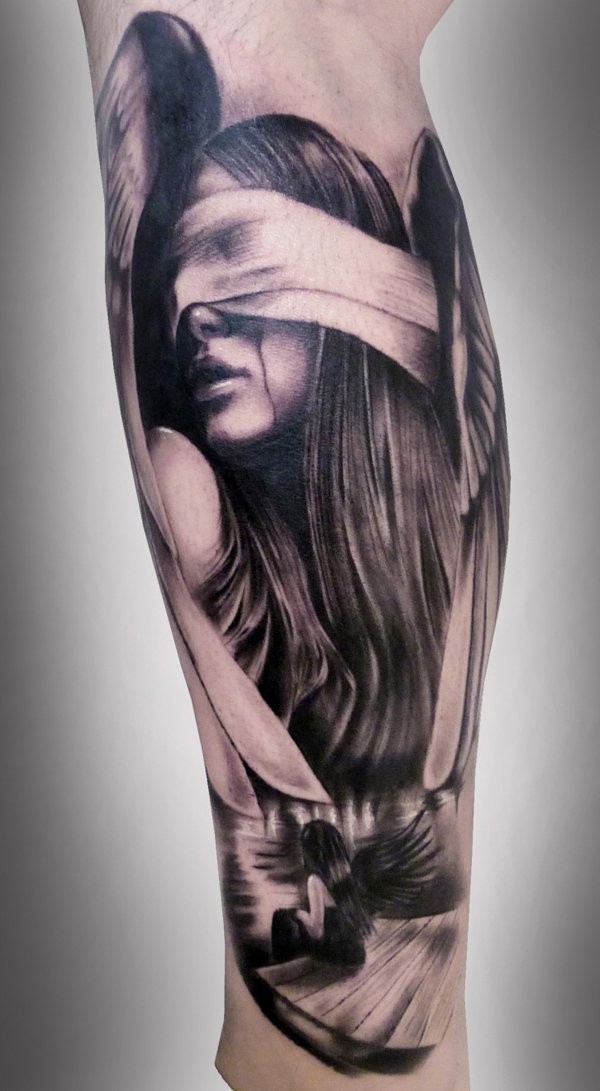 手臂3D哭泣的年轻天使女孩纹身图案