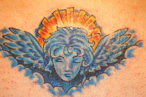 蓝色的女天使和太阳彩色纹身图案