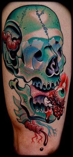 彩色令人毛骨悚然的骷髅与血腥眼球手臂纹身图案