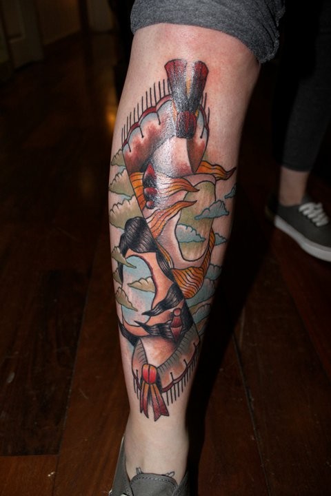 小腿彩色的抽象女性纹身图案