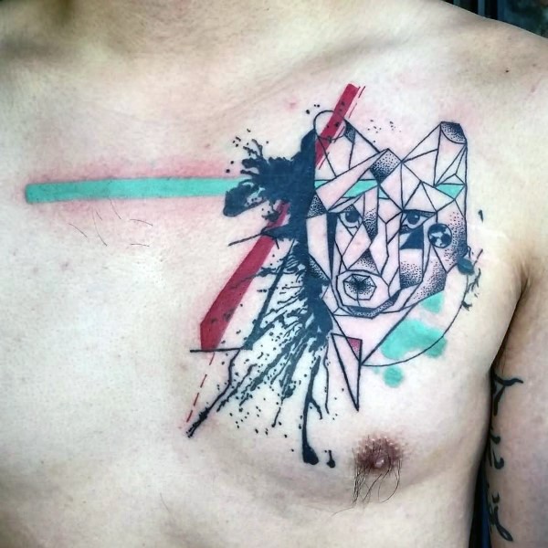 胸部抽象风格的彩色狼头装饰纹身图案