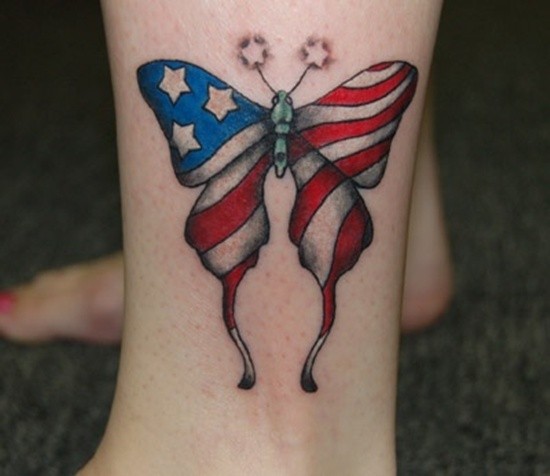 脚踝美国国旗蝴蝶纹身图案