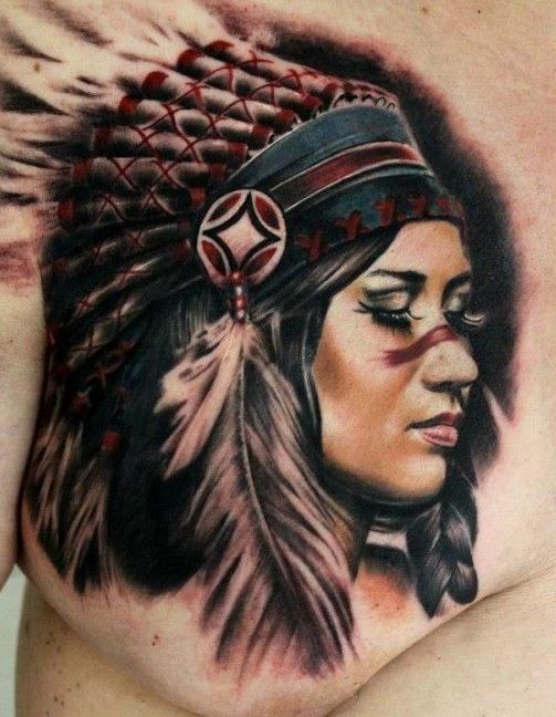 胸部丰富多彩的漂亮原住民女孩肖像纹身图案
