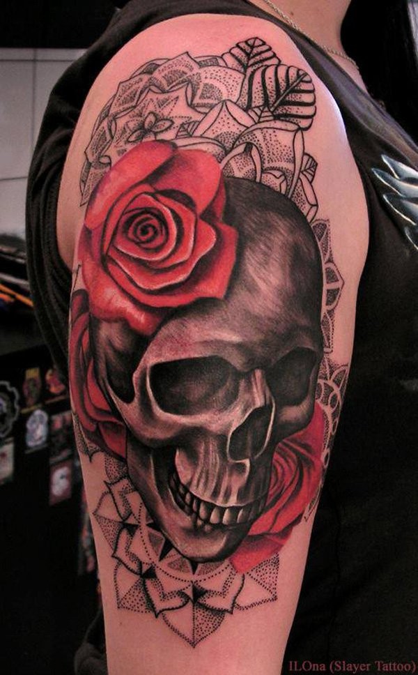手臂3D点刺彩色骷髅与玫瑰纹身图案