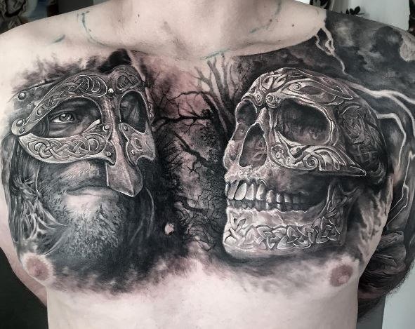 胸部3D风格的人类骷髅与中世纪战士纹身图案