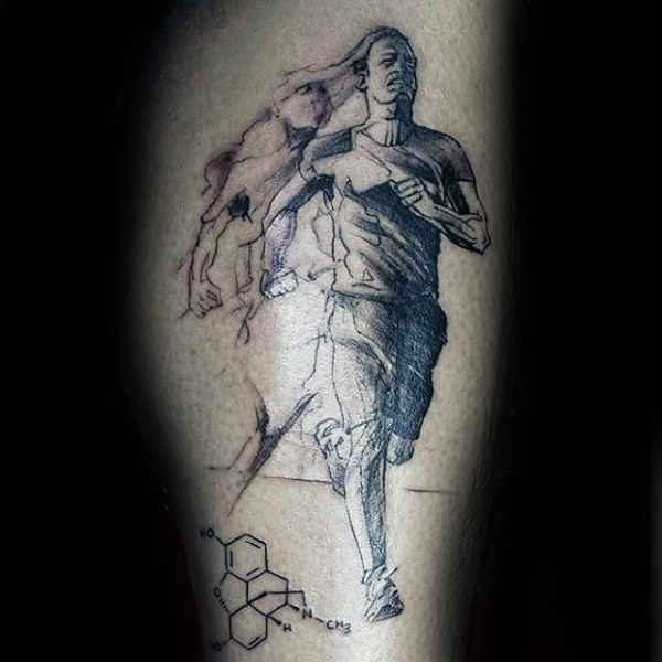 小腿抽象风格黑白跑步男子纹身图案