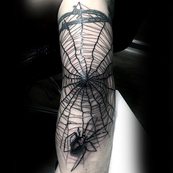 手臂黑色的3D大蜘蛛和蜘蛛网纹身图案