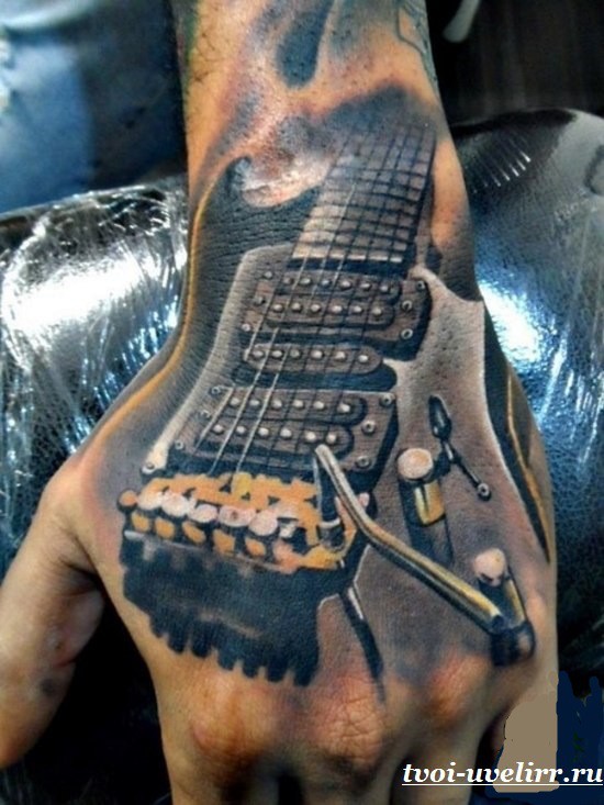 手背3D风格很酷的摇滚吉他纹身图案