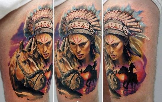 大腿彩色的印第安人肖像纹身图案