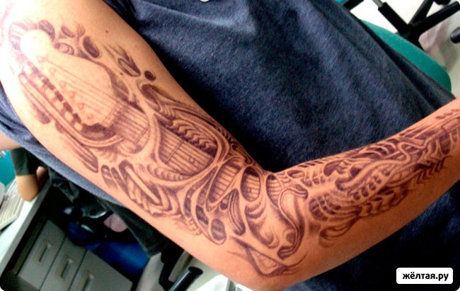 手臂惊人的3D黑色个性吉他纹身图案