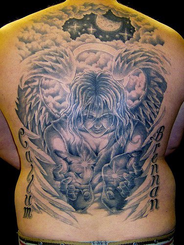 满背天使和天堂纹身图案