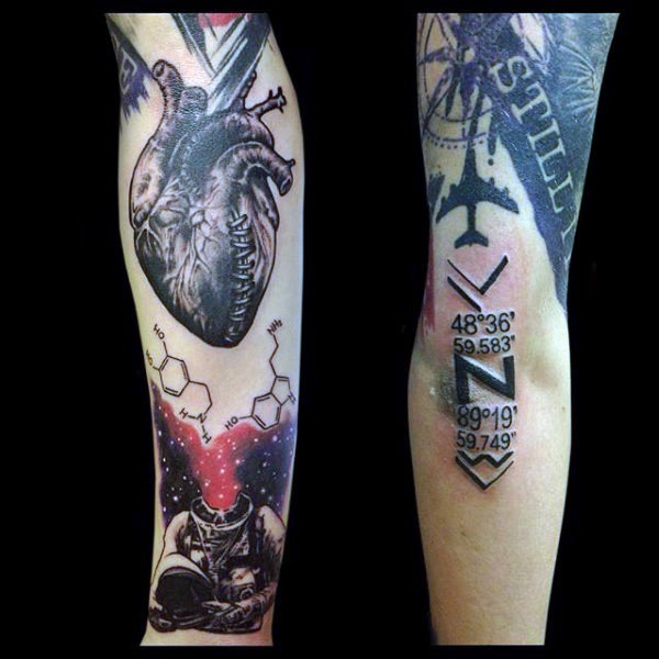 现代风格的彩色心脏太空人和字母手臂纹身图案