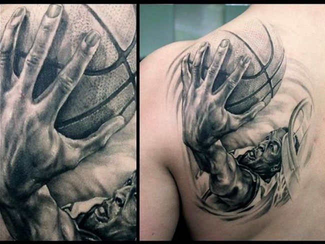 背部3D风格黑白篮球运动员纹身图案
