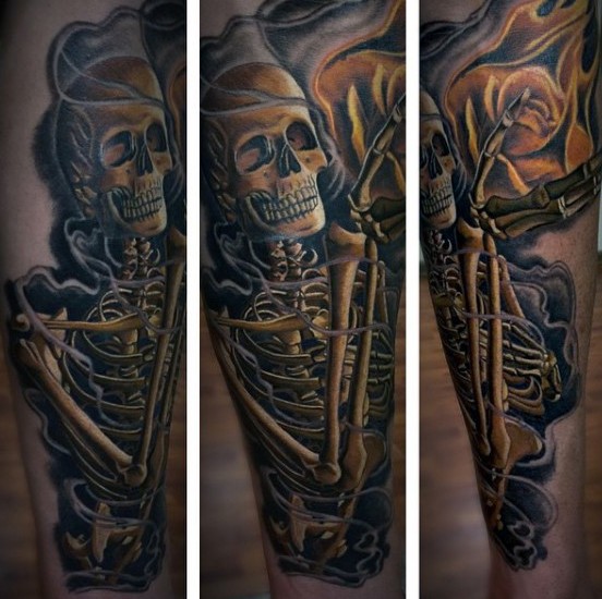 小腿3D彩色的骷髅骨架纹身图案