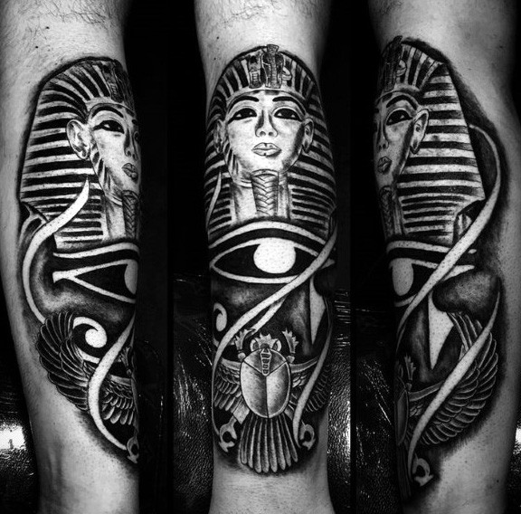 埃及法老雕像和圣甲虫黑灰手臂纹身图案