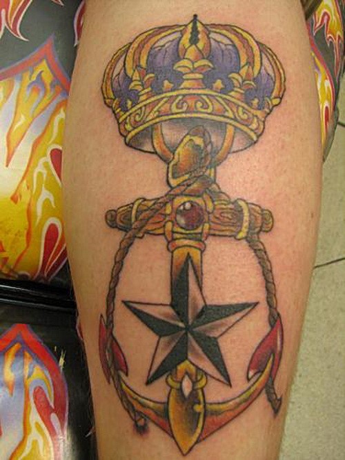 old school很酷的彩色船锚皇冠和星星纹身图案